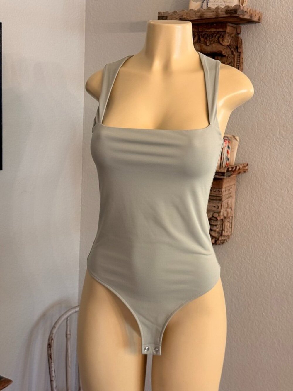 REORIA BODY SUIT w/ a Low Cut Box Neckline: in a Soft Sage Green in Color